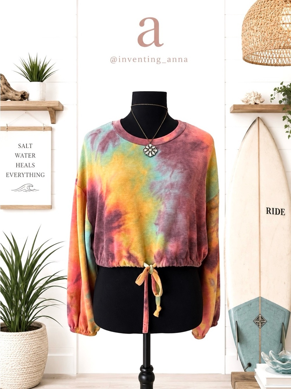 Multicolor Tie-Dye Long Sleeve Pullover Sweatshirt w/Drawstring Waistline